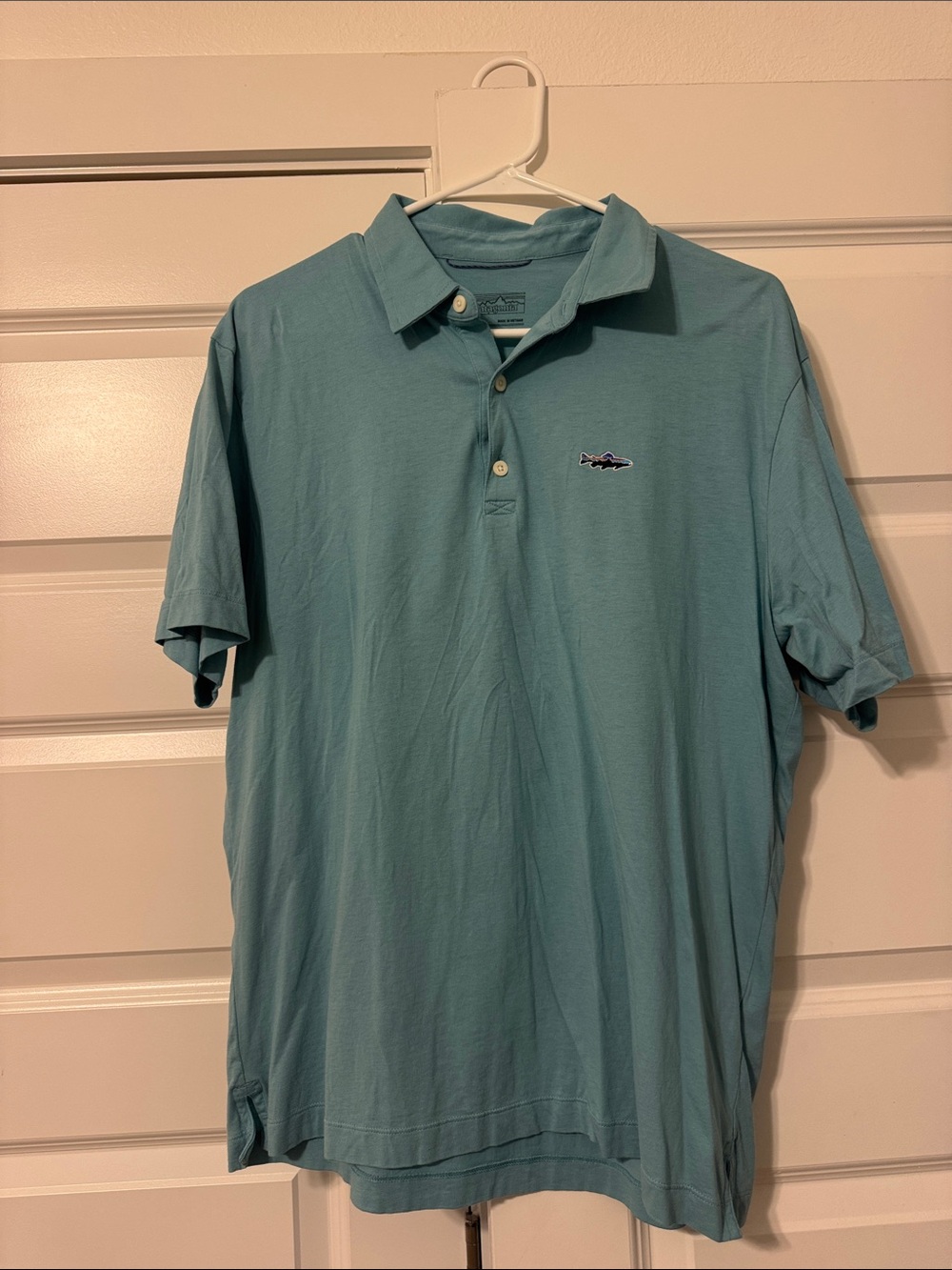 Patagonia Teal Men's Polo with Small Embroidered Fish Logo
